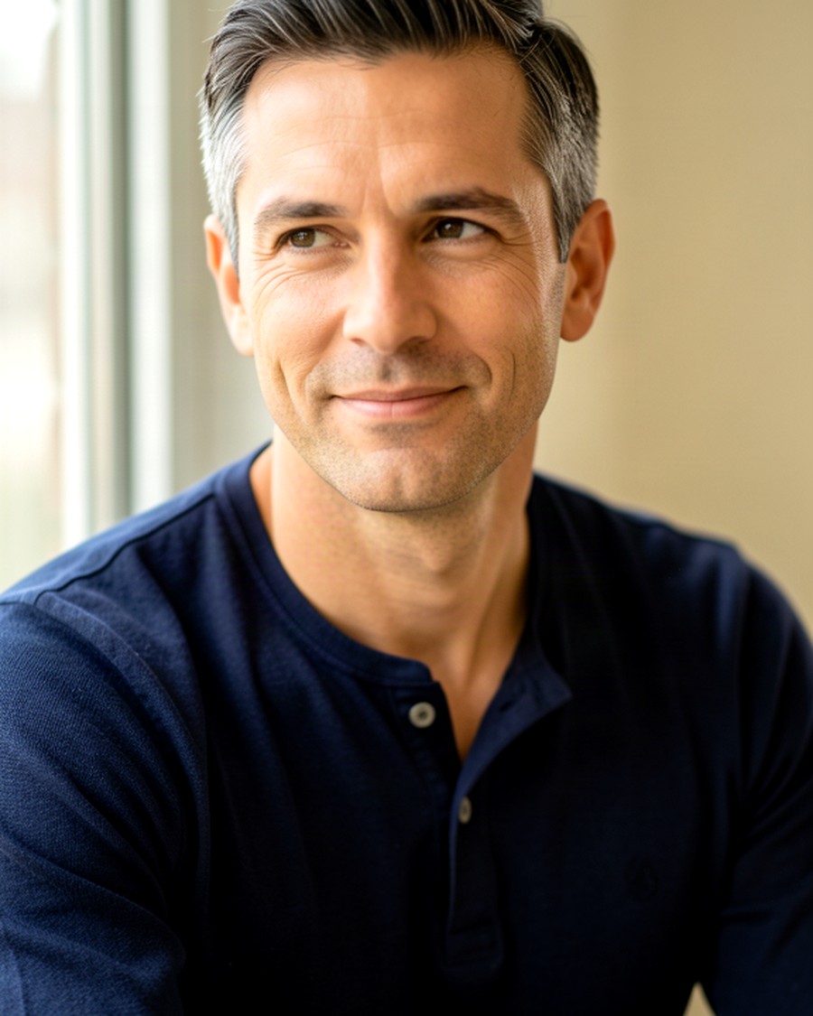 Man in his forties smiling at home, relaxed in soft window light