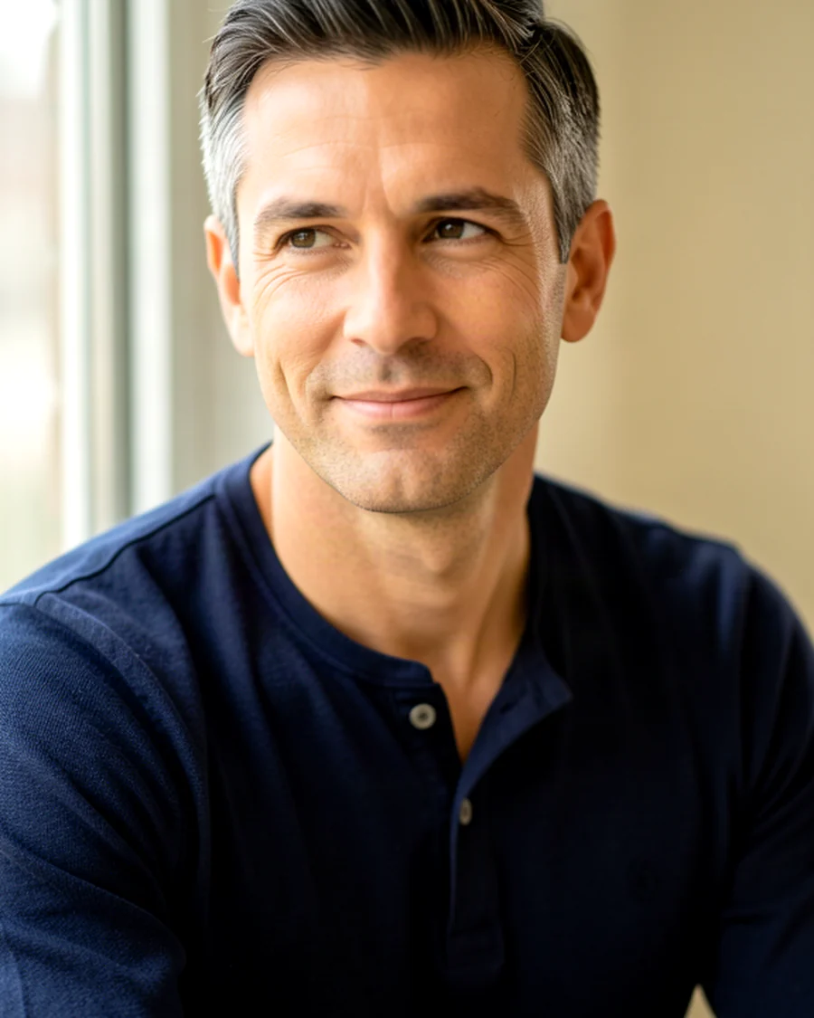 Man in his forties at home, the kind of patient who starts a private online ED visit