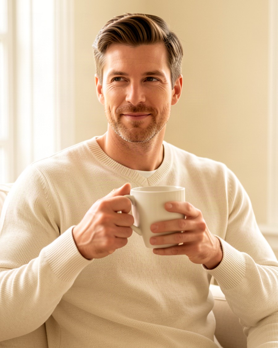 Man relaxing at home with a warm mug in soft morning light