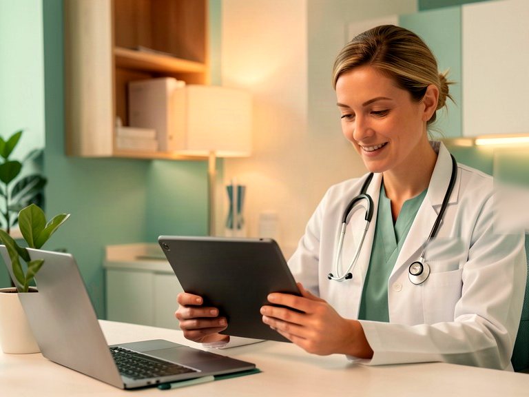 Licensed clinician reviewing a patient profile on a tablet