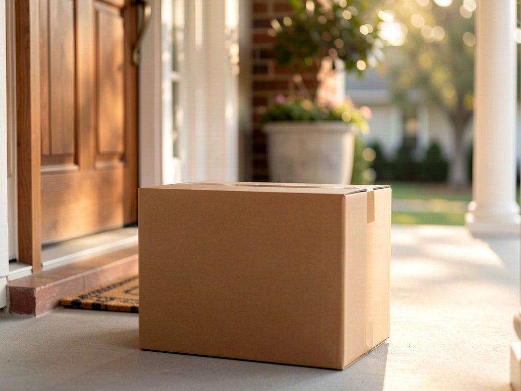 Discreet delivery box on a front porch in morning light