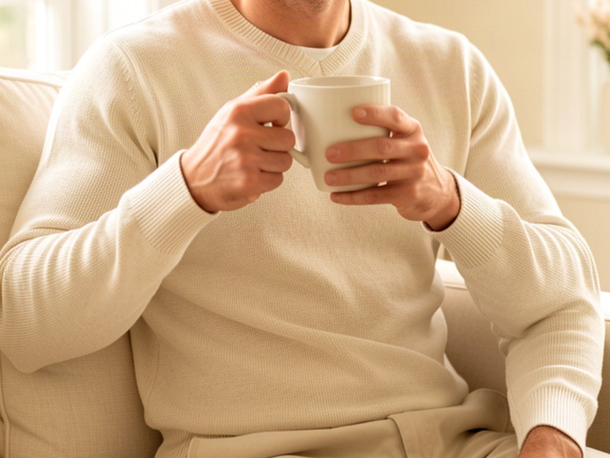 Hands holding a warm mug at home, part of a calm morning routine