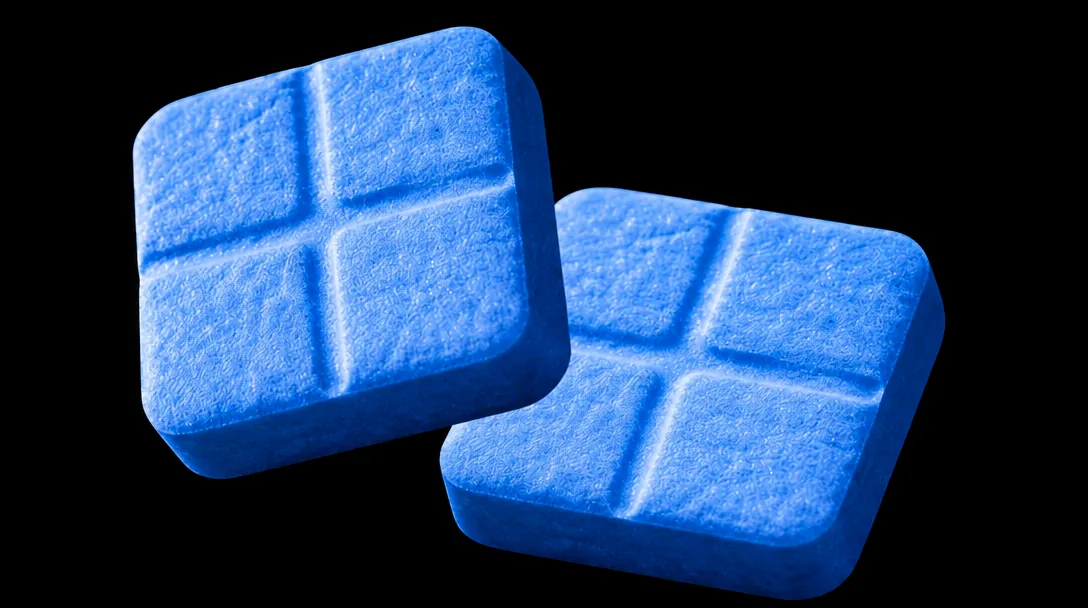 Two royal-blue rounded-square rapid dissolve tablets with cross scores