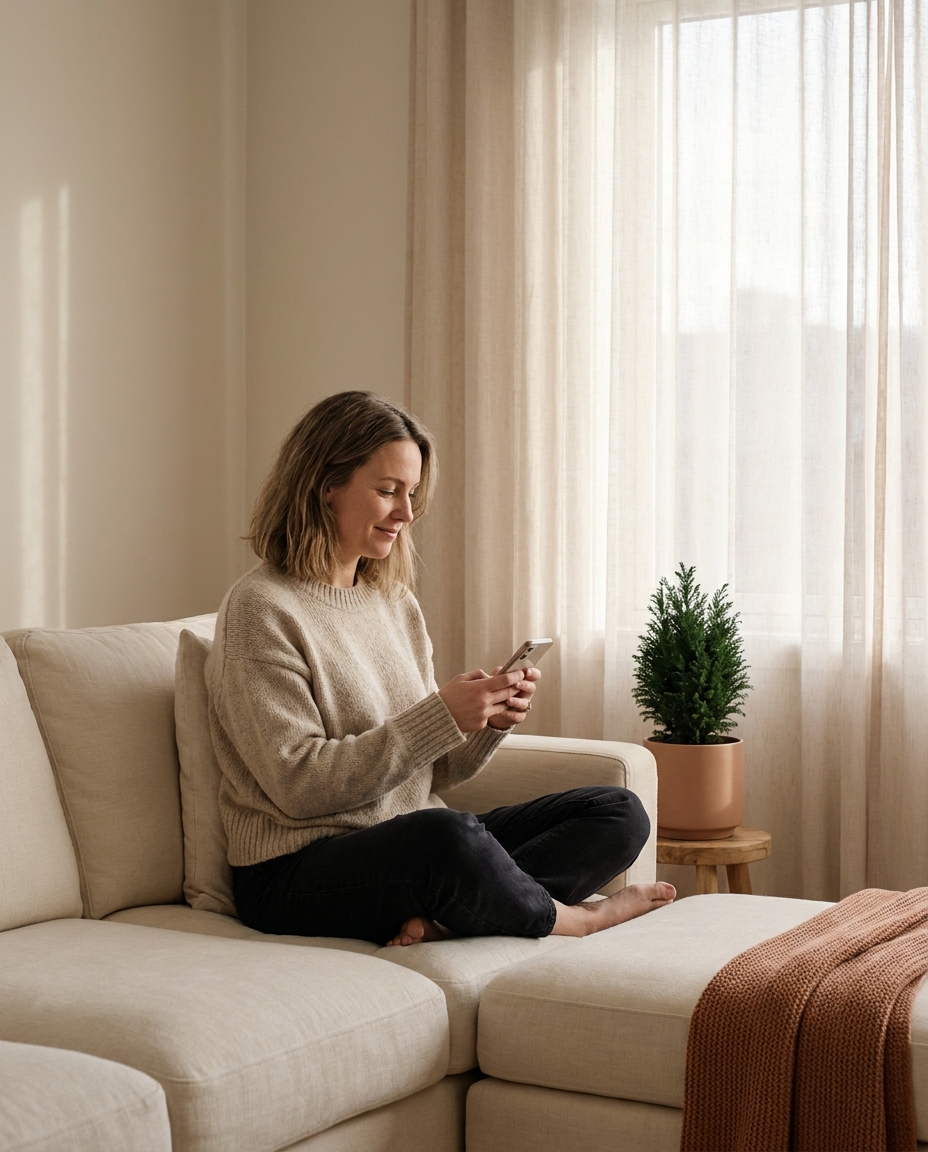 Woman completing an online assessment on her phone from the couch